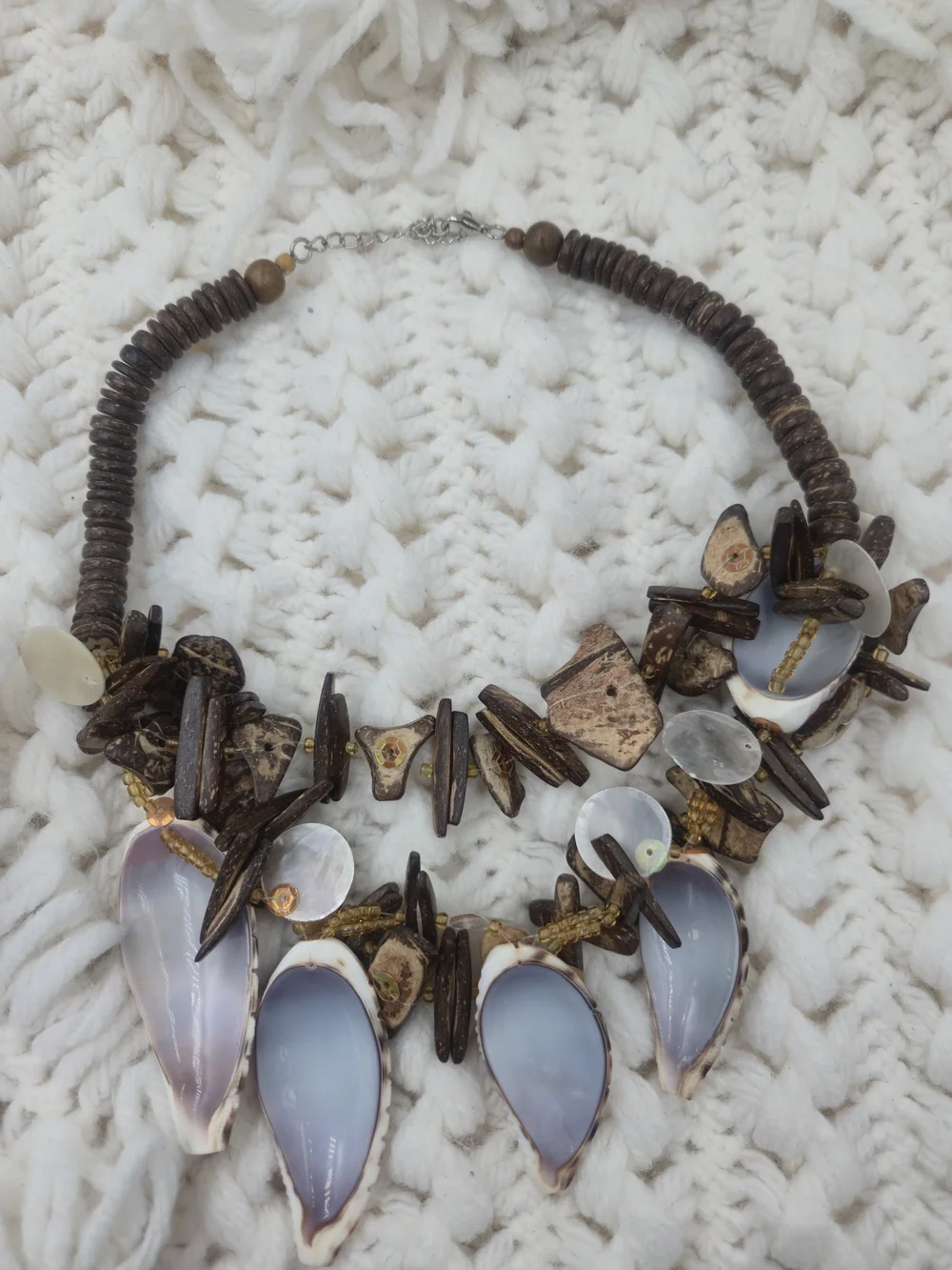 Boho Shell & Wood Statement Necklace in Natural Brown and Iridescent Blue